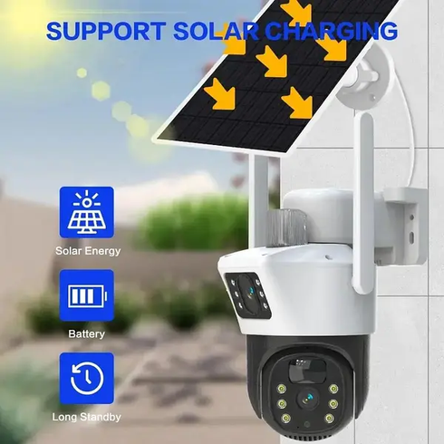 Поворотная погодозащитная IP WiFi камера 2 линзы с солнечной панелью V380 / Вайфай камера от солнечной панели