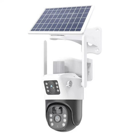 Поворотная погодозащитная IP WiFi камера 2 линзы с солнечной панелью V380 / Вайфай камера от солнечной панели