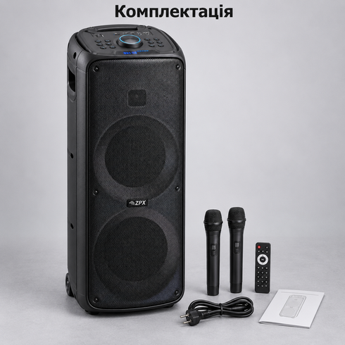 Аккумуляторная колонка с LED-подсветкой ZPX ZX-7784 + 2 беспроводных микрофона
