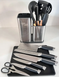 Набор ножей черный и кухонная утварь лопатки для кухни 17 в 1 дошечка для нарезки на тройной подставке, ножницы с напильником для заточки Zepline ZP-046 , Черный