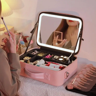 Органайзер бокс із дзеркалом бьюті кейс косметичка валіза сумка для зберігання косметики та приладдя 26х23х10 см рожева