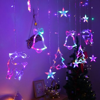 Світлодіодна новорічна гірлянда штора Ялинка Олень Дзвіночок з пультом 12 предметів, Разноцветный