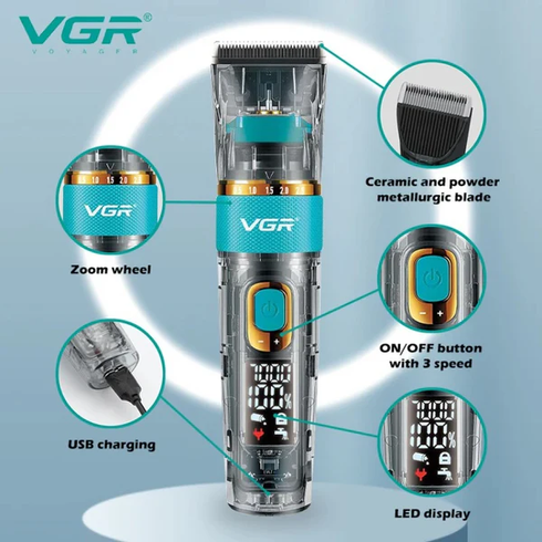 Машинка для стрижки VGR V 695 / Аккумуляторная машинка для стрижки волос + 6 насадок, с USB / Беспроводной триммер для стрижки