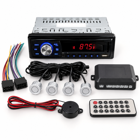 Автомагнитола 1044P + парктроник на 4 датчика / Магнитола в авто 1DIN / Автомагнитола MP3