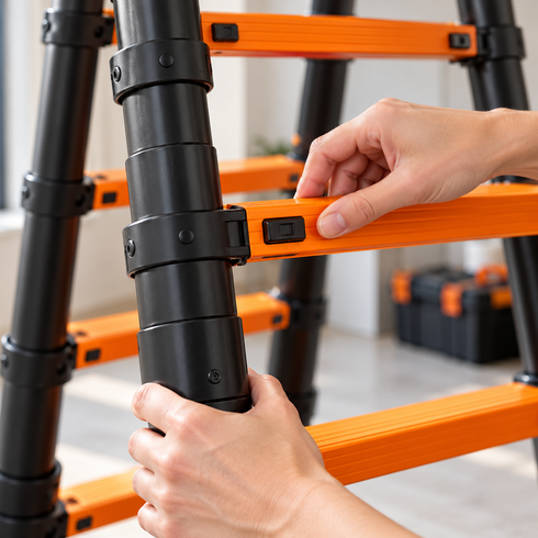 Лестница-Стременка 4.2м (2.1+2.1) / Телескопическая, алюминиевые оранжевые лестницы / Лестница раскладная