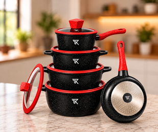 Черный Набор посуды Top Kitchen TK00050L с мраморным покрытием, 10 предметов