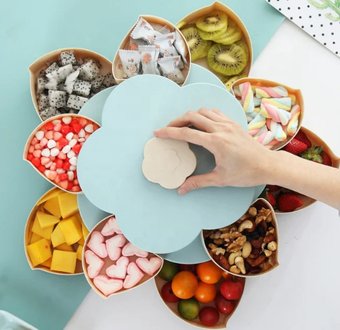 Вращающаяся складная двухъярусная конфетница SUNROZ Flower Candy Box для конфет и фруктов, Голубой