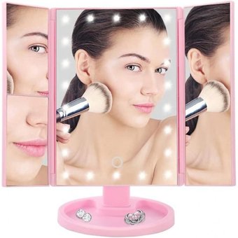 Дзеркало настільне потрійне косметичне з підсвічуванням для макіяжу 22 LED рожеве