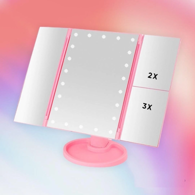Зеркало настольное тройное косметическое с подсветкой для макияжа 22 LED Розовое