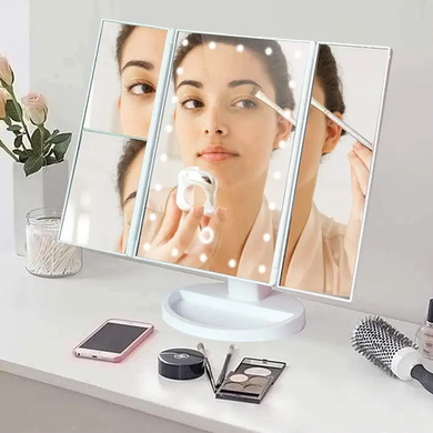 Зеркало настольное тройное косметическое с подсветкой для макияжа 22 LED Розовое