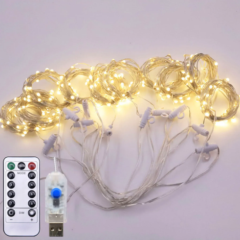 Светодиодная гирлянда штора роса на проволоке 3х2 м 200 LED пульт + USB теплый белый