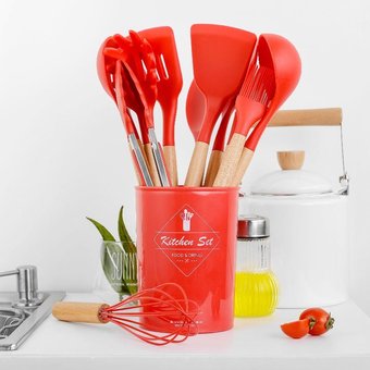 Силиконовый красный кухонный набор принадлежностей Kitchen Set 12 предметов (дерево+силикон)