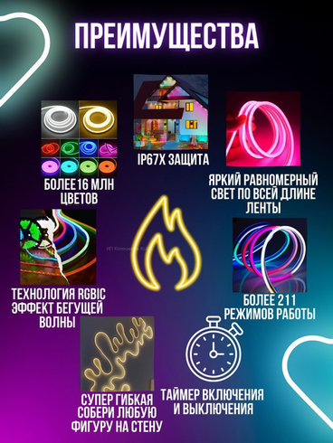 Розумна гнучка LED Neon RGB стрічка-шланг 10 метрів від USB керування режимами з телефону, Bluetooth додаток, пульт
