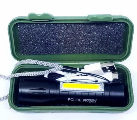 Светодиодный фонарик Bailong Police COB USB BL-511 BL-515 BL-513 в пластиковом чехле, Черный