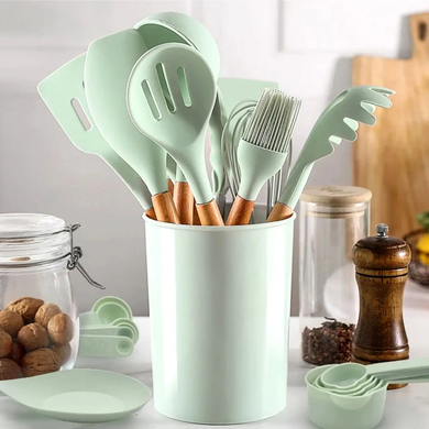 Силиконовый черный кухонный набор принадлежностей Kitchen Set 12 предметов (дерево+силикон)