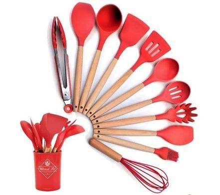 Силиконовый черный кухонный набор принадлежностей Kitchen Set 12 предметов (дерево+силикон)