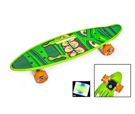 Скейт пенні Борд для дітей 58x16см з ручкою для зручного перенесення, прозорі колеса, що світяться, 55 мм Халк, Зелений