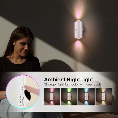 Умный настенный ночник с датчиком движения и RGB-подсветкой 1500 мАч / Аккумуляторный фонарь для лестницы / Беспроводная магнитная настенная лампа 11см