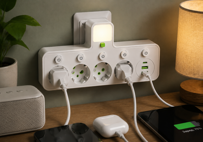 Сетевой фильтр 4 розетки + USB/адаптер на 4 розетки + USB с индивидуальными кнопками и LED-подсветкой Белый