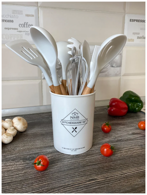 Силіконовий білий кухонний набір приладдя Kitchen Set 12 предметів (дерево+силікон)