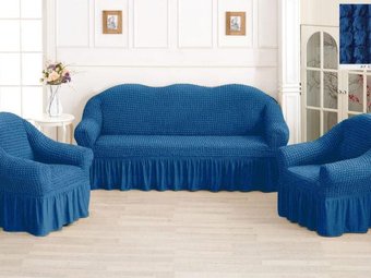 Натяжний чохол на диван та два крісла Туреччина, універсальний чохол, накидка на диван синій