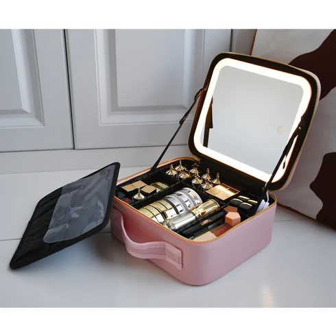 Дорожная косметичка-чемоданчик с LED зеркалом pink
