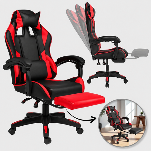 Игровое кресло с подставкой для ног + 2 подушки / Геймерское кресло HELE 26X-11 черно-красное