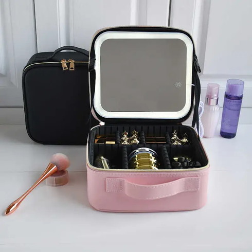 Дорожня косметичка-валіза з LED дзеркалом pink