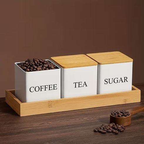 Набор банок для хранения &laquo;Sugar/Coffee/Tea&raquo; с бамбуковыми крышками и подставкой