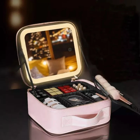 Дорожная косметичка-чемоданчик с LED зеркалом pink