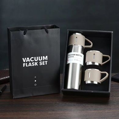 Термос с вакуумной изоляцией серый, Подарочный набор с 3 чашкам 500 мл, Серый