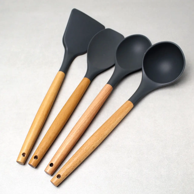 Силиконовый бирюзовый кухонный набор принадлежностей Kitchen Set 12 предметов (дерево+силикон)