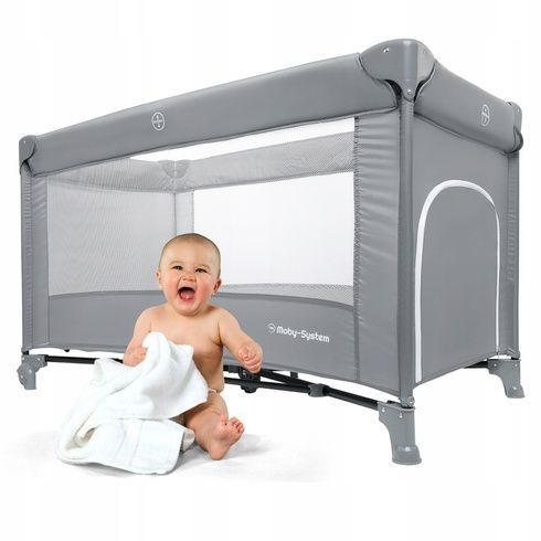 Детская складная кроватка-манеж Moby-System Happy Traveller Basic с раскладным матрасом, сумкой, колесиками и боковым выходом, 126 x 66 см