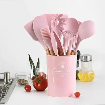 Силиконовый розовый кухонный набор принадлежностей Kitchen Set 12 предметов (дерево+силикон)
