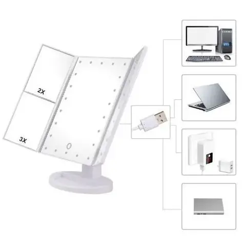 Зеркало тройное для макияжа Superstar Magnifying Mirror с LED-подсветкой прямоугольное с увеличением Черное
