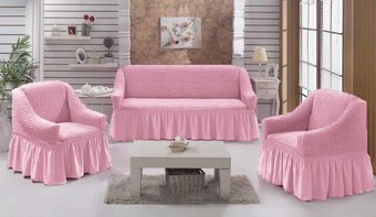 Натяжной чехол на диван и два кресла Турция, универсальный чехол , накидка на диван розовый