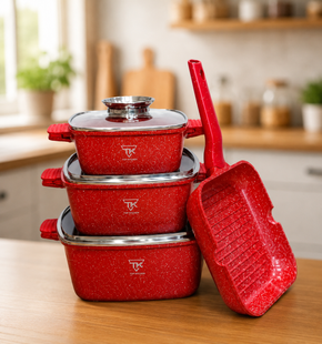 Красный Набор посуды с гранитным покрытием Top Kitchen TK000103 3 кастрюли + сковорода-гриль