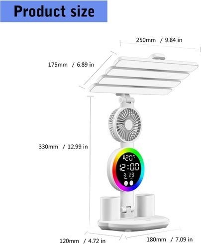 Аккумуляторная LED лампа  / Настольная лампа с 4 плафонами, RGB-подсветкой, часами и вентилятором