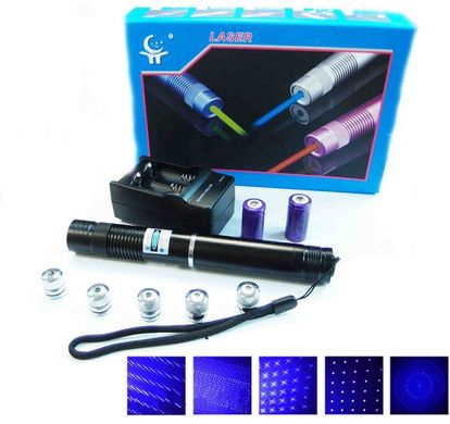 Лазерна указка (лазерний вказівник) 10000МВт синя з насадками Laser Blue YXB 008, Черный