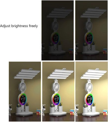 Аккумуляторная LED лампа  / Настольная лампа с 4 плафонами, RGB-подсветкой, часами и вентилятором