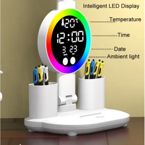 Аккумуляторная LED лампа  / Настольная лампа с 4 плафонами, RGB-подсветкой, часами и вентилятором
