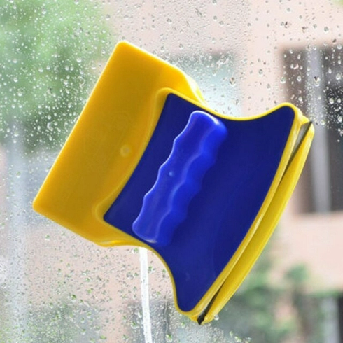 Магнитная щетка для мытья окон с двух сторон Magnetic Double side Cleaner 40мм со страховочным шнуром желто-синяя, Голубой