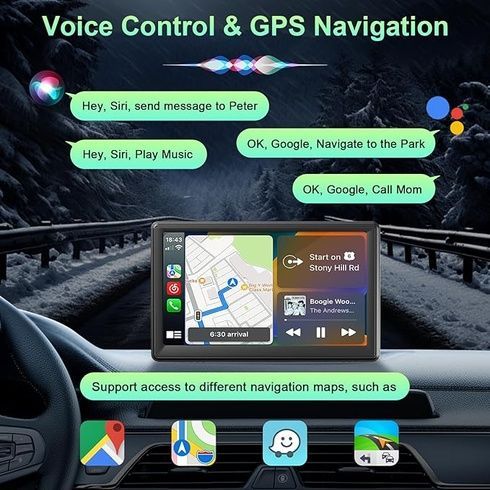 Бездротовий автомобільний екран CarPlay / Портативний автомобільний відеоплеєр, сумісний з Apple CarPlay та Android Auto, 7-дюймовий сенсорний IPS-екран для автомобільної стереосистеми з GPS-навігацією, Mirror Link, Bluetooth, FM