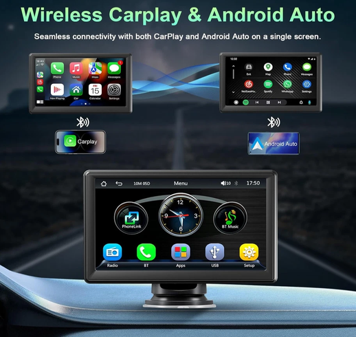 Бездротовий автомобільний екран CarPlay / Портативний автомобільний відеоплеєр, сумісний з Apple CarPlay та Android Auto, 7-дюймовий сенсорний IPS-екран для автомобільної стереосистеми з GPS-навігацією, Mirror Link, Bluetooth, FM