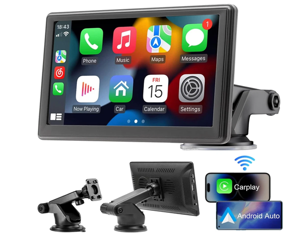 Бездротовий автомобільний екран CarPlay / Портативний автомобільний відеоплеєр, сумісний з Apple CarPlay та Android Auto, 7-дюймовий сенсорний IPS-екран для автомобільної стереосистеми з GPS-навігацією, Mirror Link, Bluetooth, FM