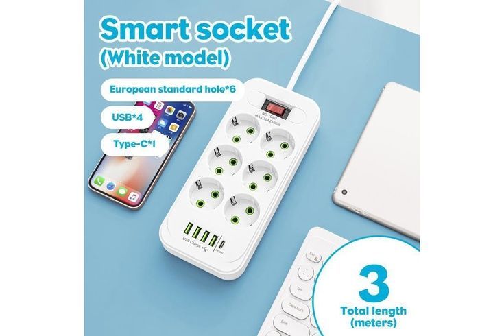 Сетевой удлинитель/фильтр/разветвитель (D6) 6х220V + 4хUSB+ 1хType-C 3 метра