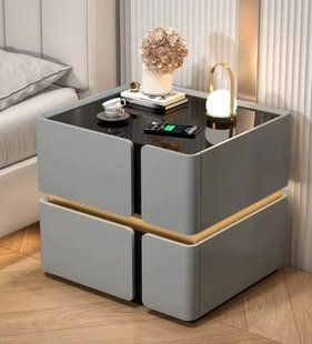 Приліжкова тумба з екошкіри з LED підсвічуванням, USB, датчик руху, бездротова зарядка, Bluetooth-аудіо Сіра