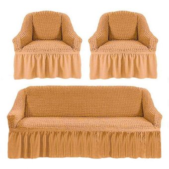 Натяжной чехол на диван и два кресла Турция, универсальный чехол , накидка на диван песочный