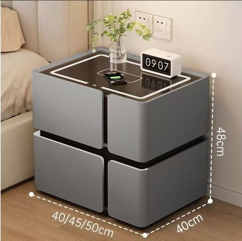 Прикроватная тумба из экокожи с LED подстветкой, USB, датчик движения, беспроводная зарядка, Bluetooth-аудио Серая