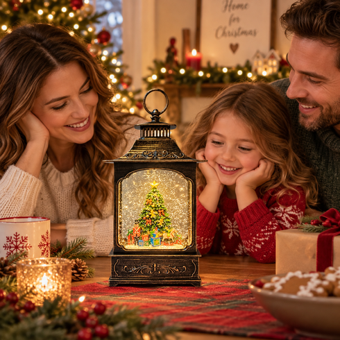 Ночник XMAS WDL-24061D &laquo;Винтажный фонарь&raquo; 31 см / Новогодний фонарь с LED-подсветкой и эффектом снега